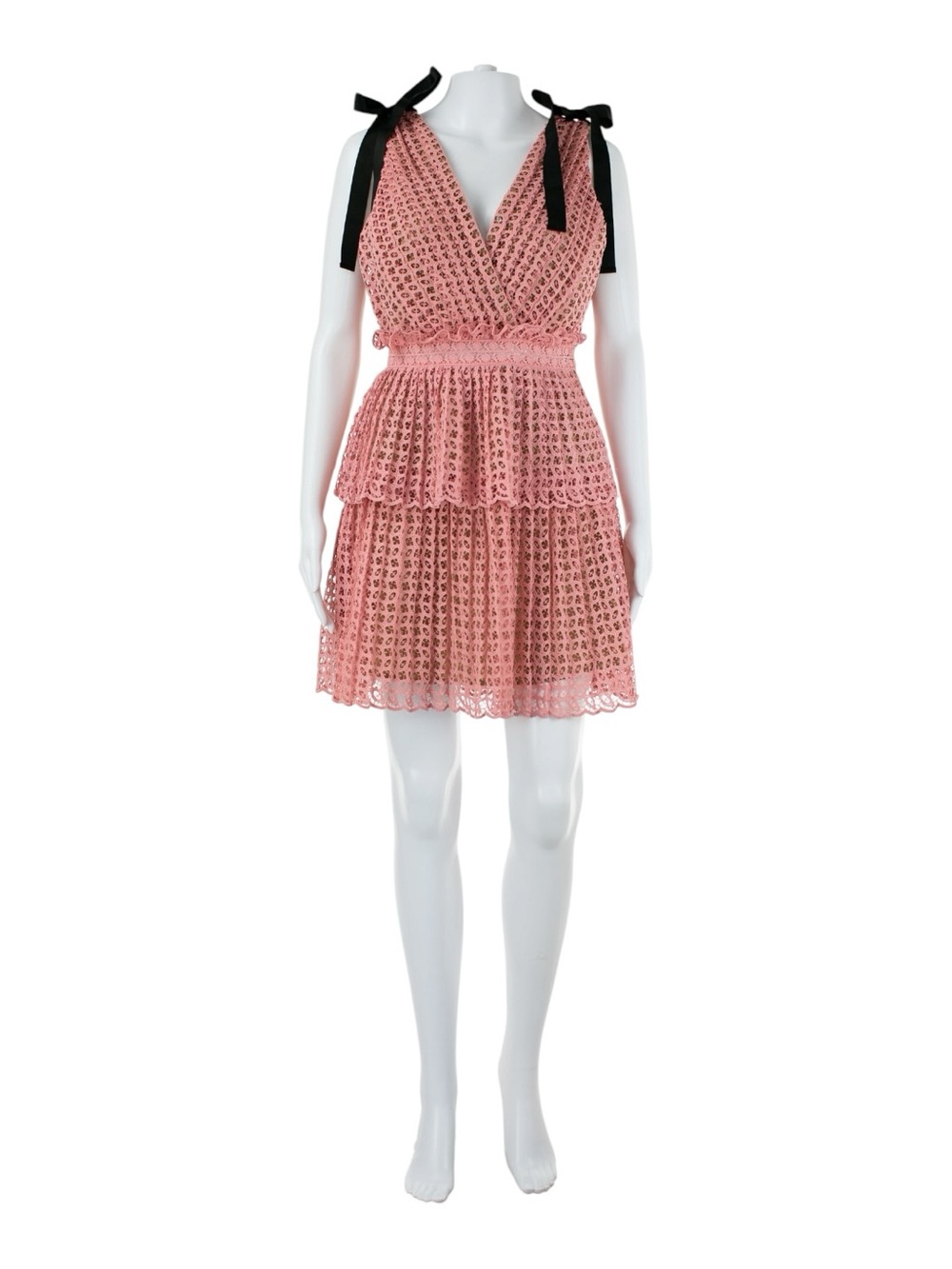 Self-Portrait Pink Lace Tiered Mini Dress with Black Shoulder Ties